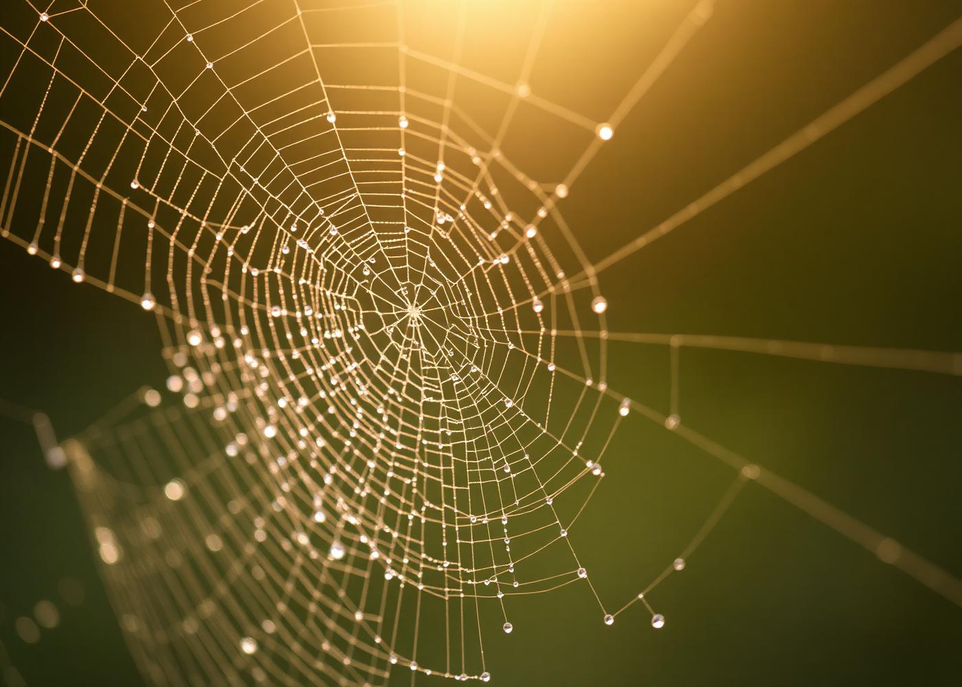 Dew collecting on the threads of a spiderweb at dawn